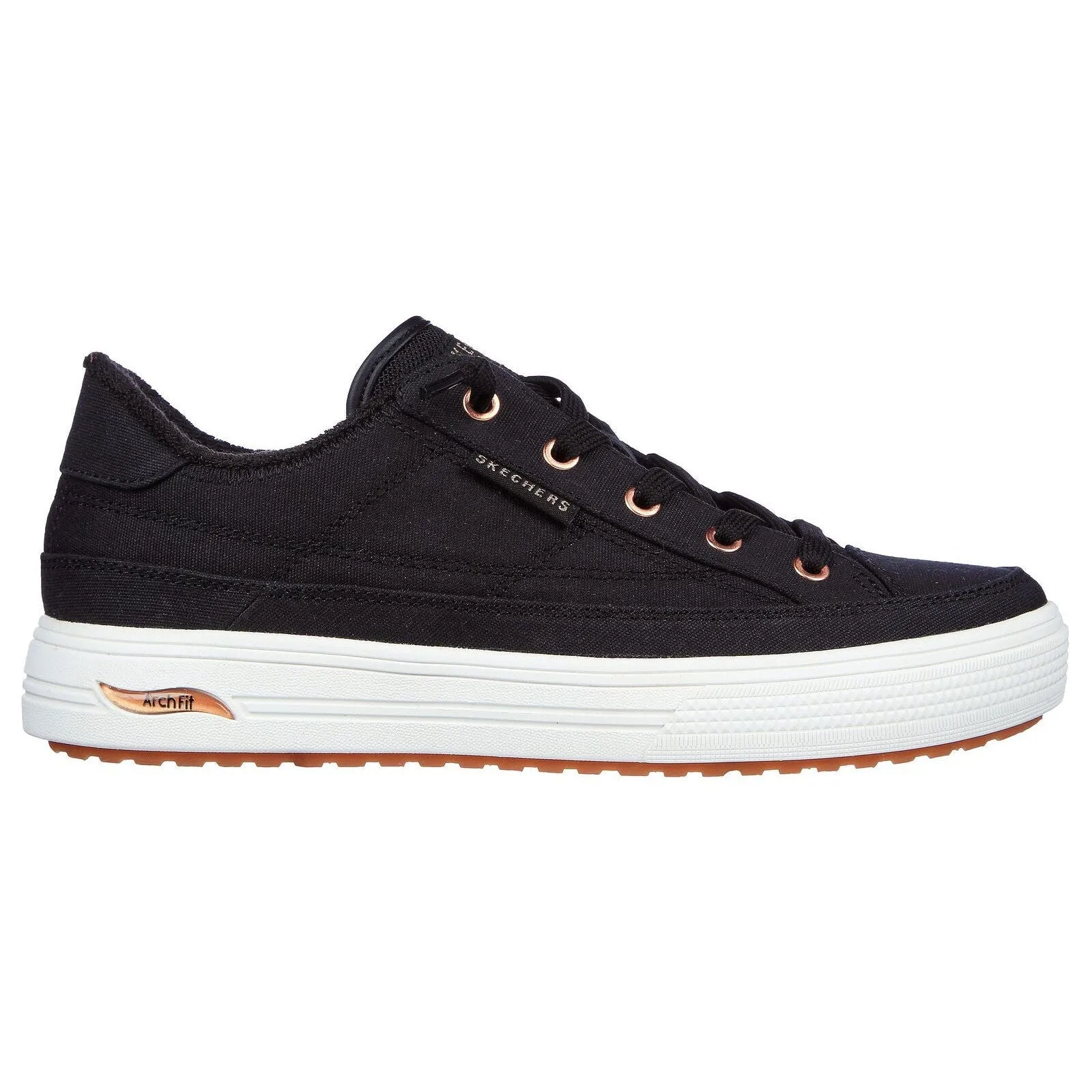 Skechers 177190 Arch Fit Arcade Ladies Black Textile Vegan Arch Support Slip On Trainers