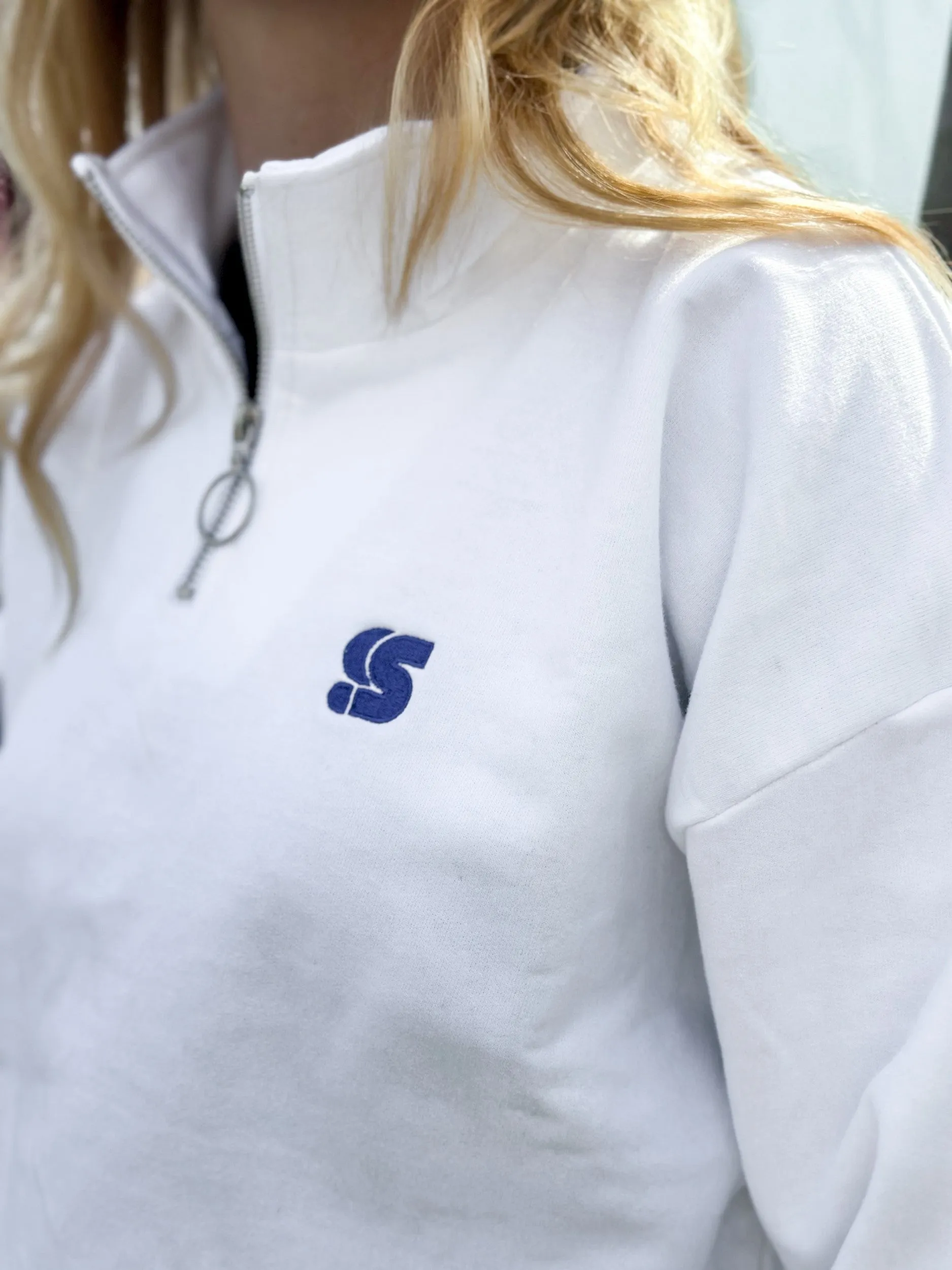 White Cropped Half Zip Crew / S Logo Blue Embroidered Women
