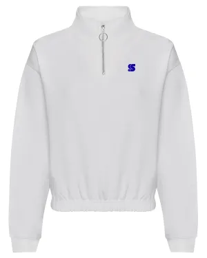 White Cropped Half Zip Crew / S Logo Blue Embroidered Women