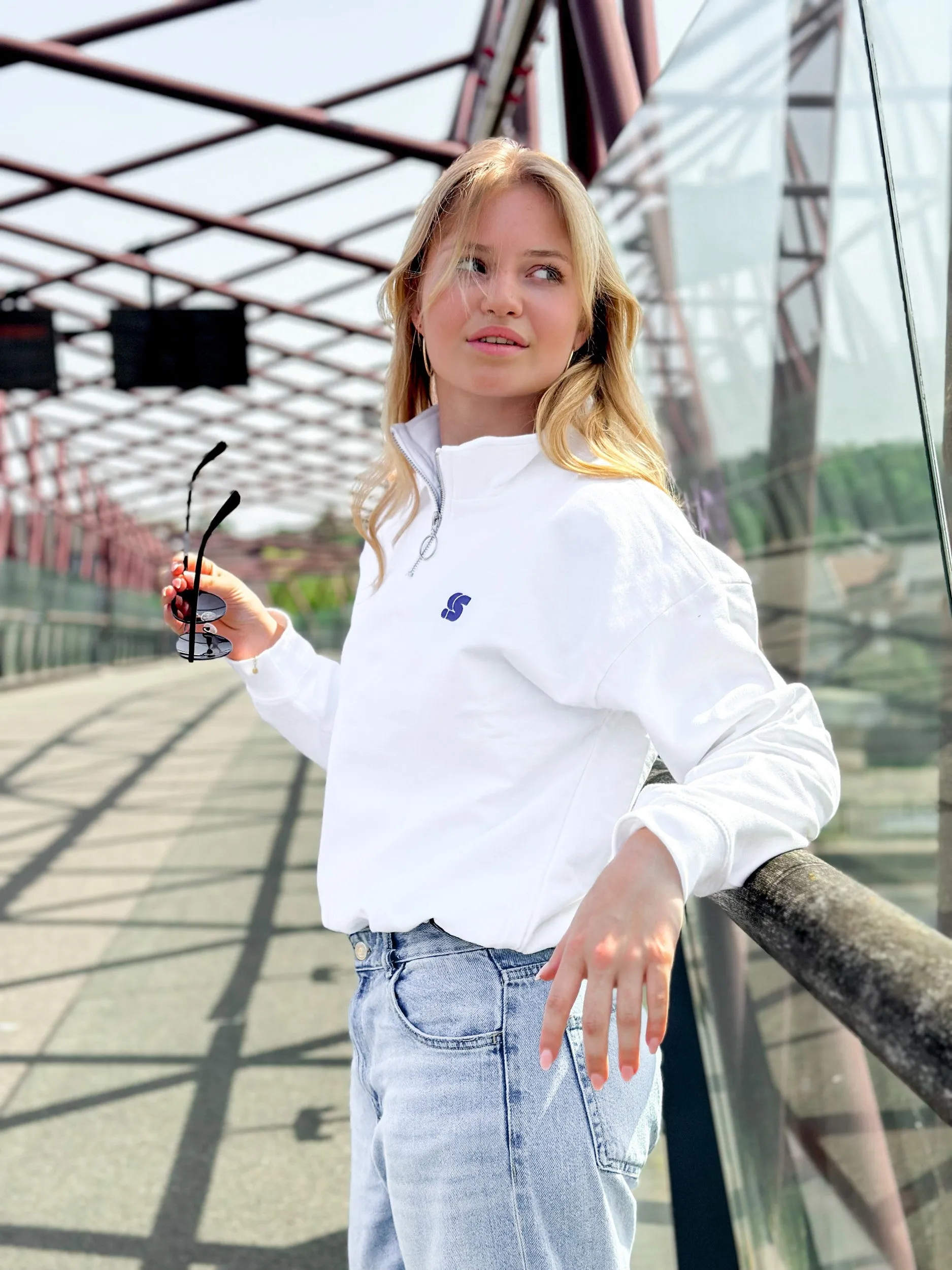 White Cropped Half Zip Crew / S Logo Blue Embroidered Women