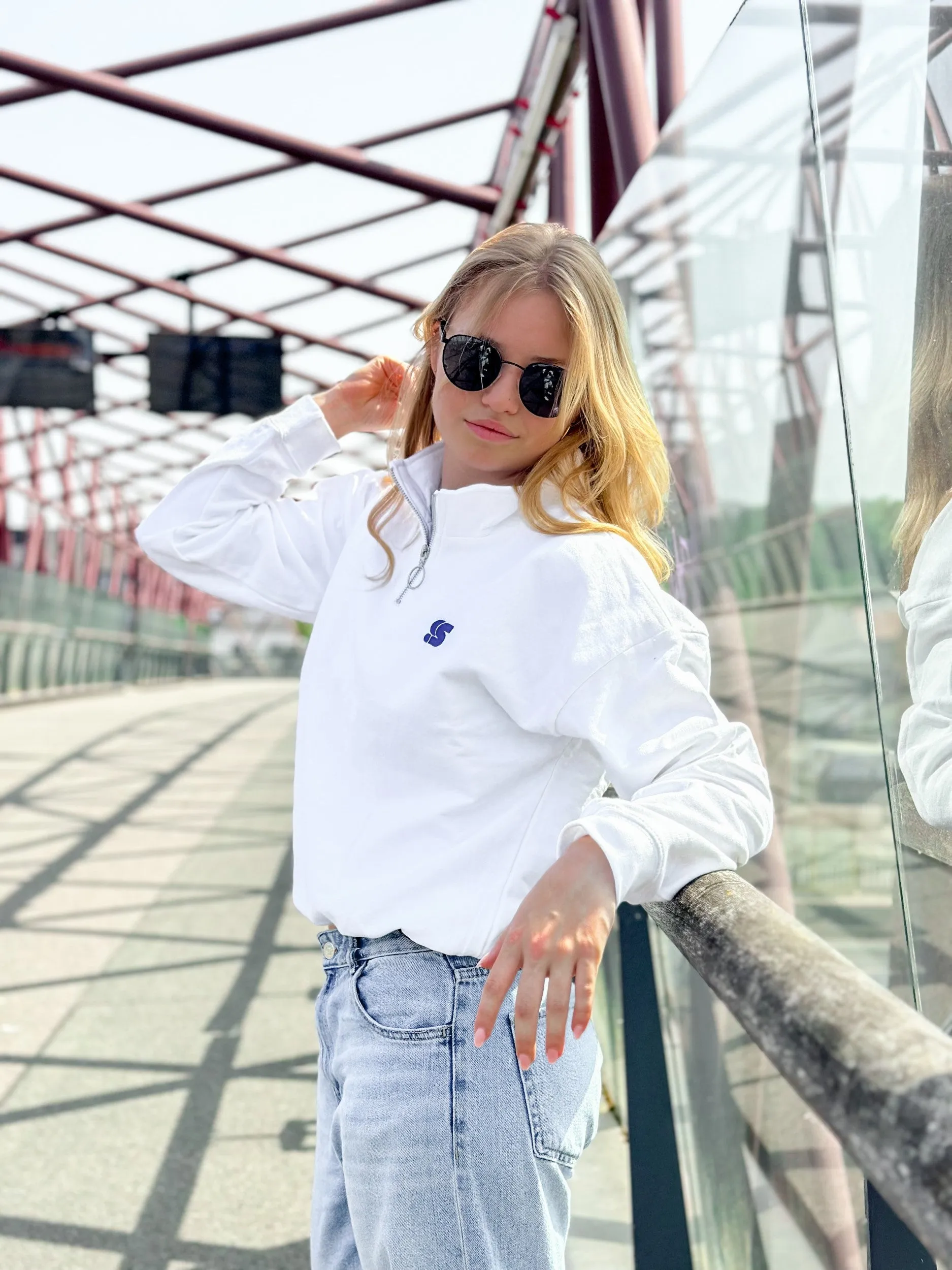 White Cropped Half Zip Crew / S Logo Blue Embroidered Women