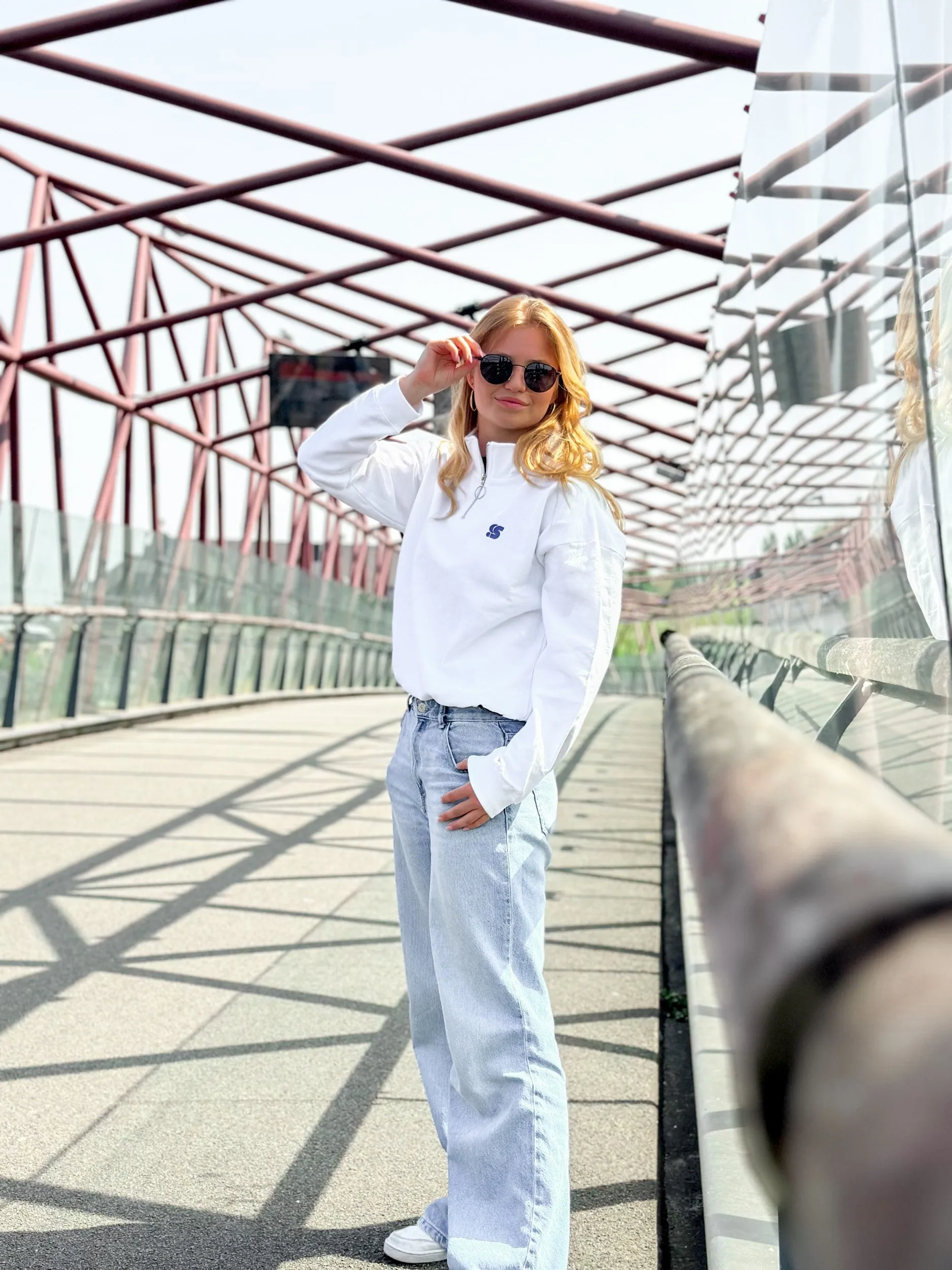 White Cropped Half Zip Crew / S Logo Blue Embroidered Women
