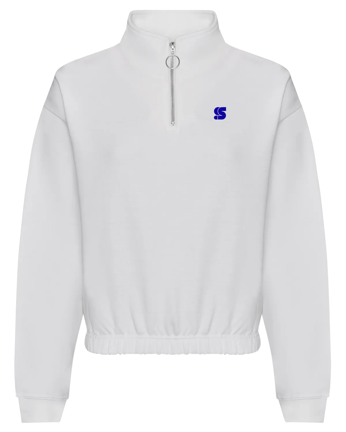 White Cropped Half Zip Crew / S Logo Blue Embroidered Women