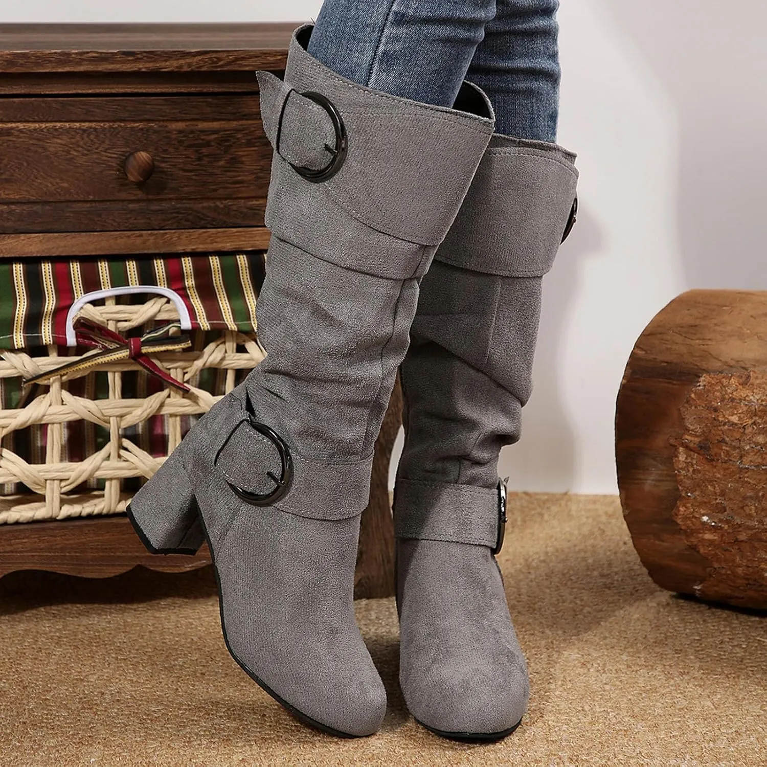 Wide Calf Rain Boots for Women Plus Size Fashion Women Solid Autumn Winter Thick Sole Wedge Boots for Women Wide Calf