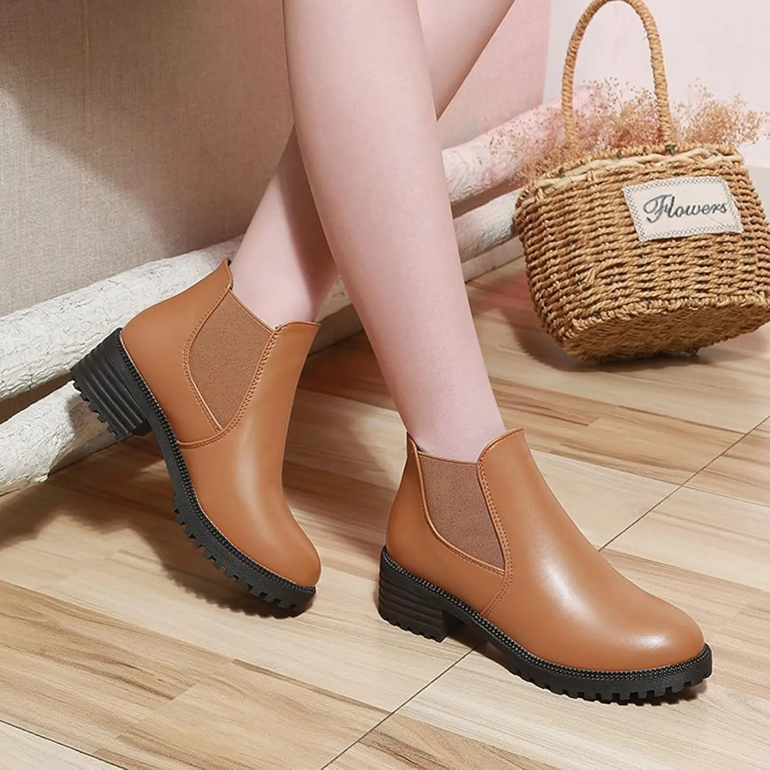 Women's Ankle Boots & Booties Black Dress Booties for Women Womens Work Boots Black Boot Heels for Women Keep Warm Flat Bottom Slip on Pointed Toe Leather Casual