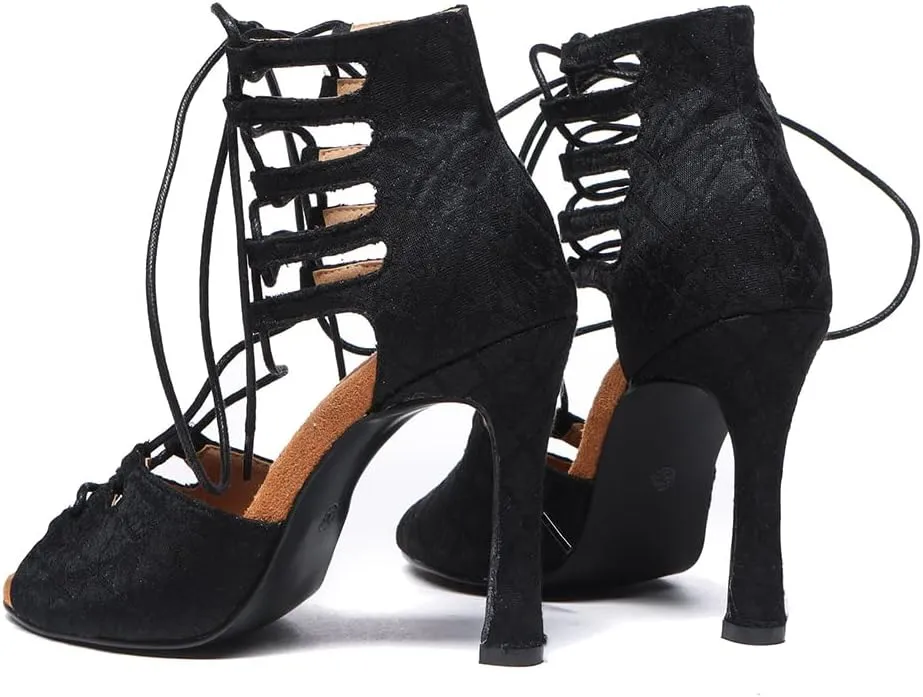 Women's Lace up Latin Ballroom Ankle Dance Shoes Open Toe Salsa Tango Performance Dancing Boots,Model-L544
