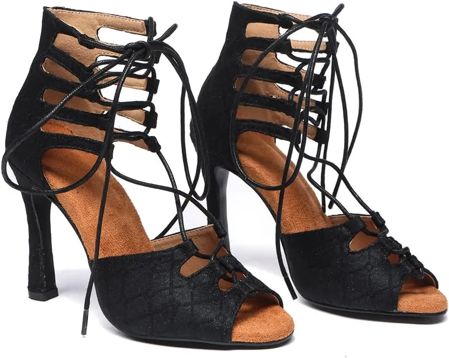 Women's Lace up Latin Ballroom Ankle Dance Shoes Open Toe Salsa Tango Performance Dancing Boots,Model-L544