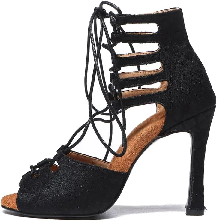Women's Lace up Latin Ballroom Ankle Dance Shoes Open Toe Salsa Tango Performance Dancing Boots,Model-L544