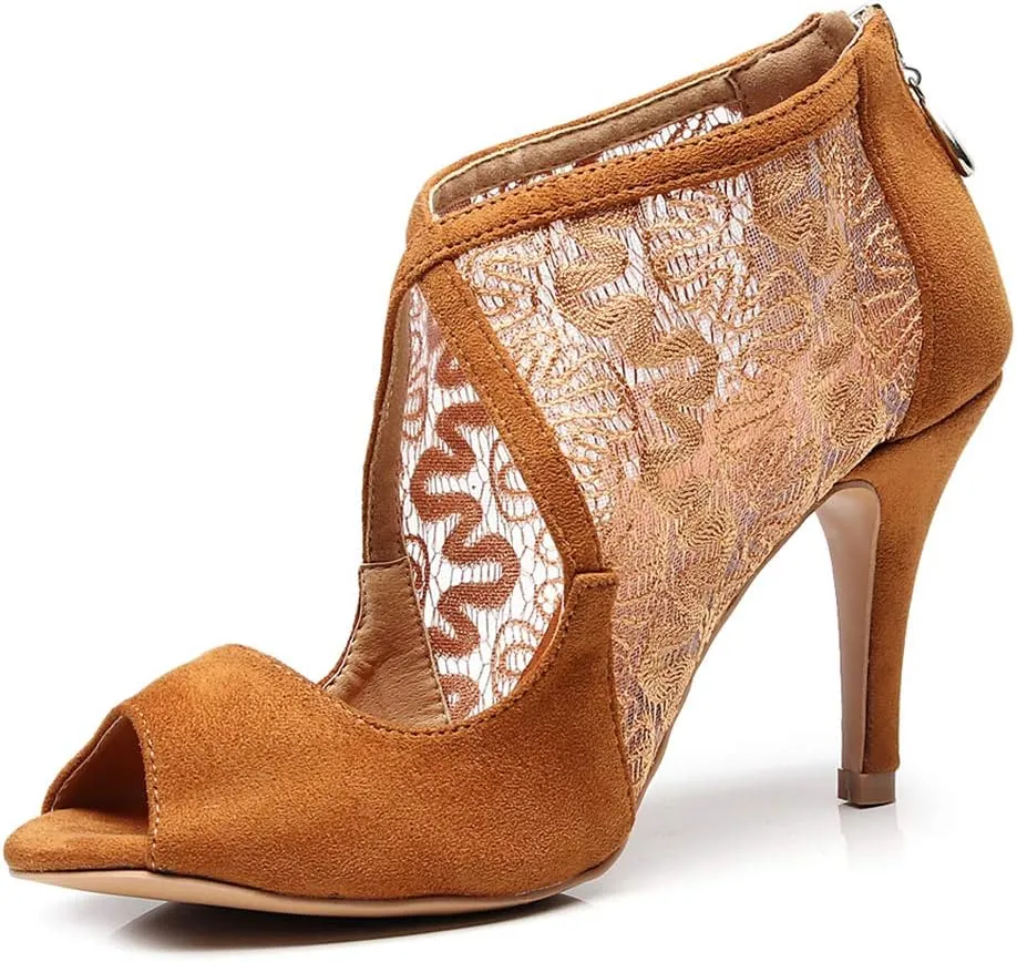 Women's Peep Toe Latin Ballroom Ankle Dance Shoes Lace Salsa Tango Performance Dancing Boots,Model-1004