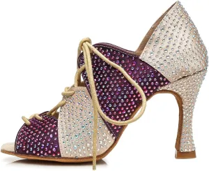 Women's Rhinestone Latin Ballroom Ankle Dance Shoes Lace up Salsa Tango Performance Dance Boots,Model-L461