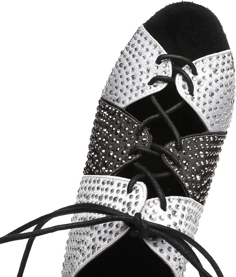 Women's Rhinestone Latin Ballroom Ankle Dance Shoes Lace up Salsa Tango Performance Dance Boots,Model-L461