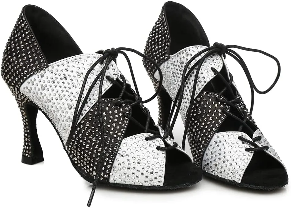 Women's Rhinestone Latin Ballroom Ankle Dance Shoes Lace up Salsa Tango Performance Dance Boots,Model-L461