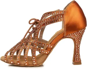 Women's Rhinestone Latin Ballroom Ankle Dance Shoes Lace up Salsa Tango Performance Dancing Boots,Model-L460