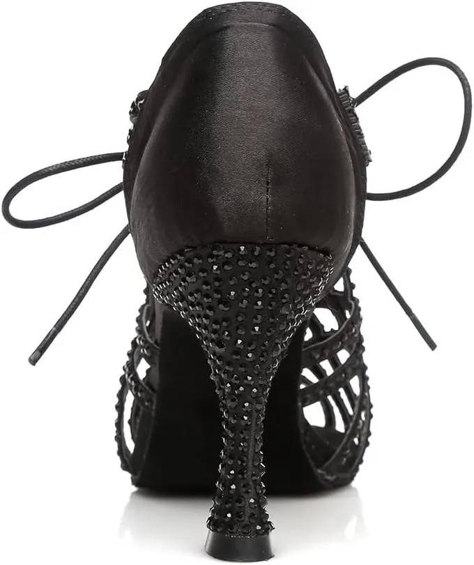 Women's Rhinestone Latin Ballroom Ankle Dance Shoes Lace up Salsa Tango Performance Dancing Boots,Model-L460