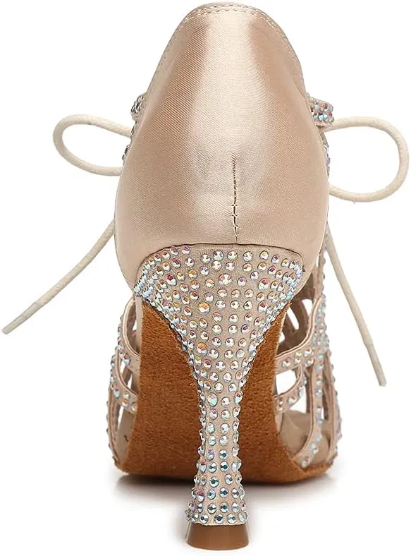 Women's Rhinestone Latin Ballroom Ankle Dance Shoes Lace up Salsa Tango Performance Dancing Boots,Model-L460