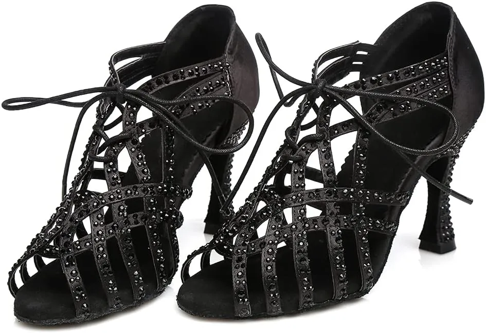 Women's Rhinestone Latin Ballroom Ankle Dance Shoes Lace up Salsa Tango Performance Dancing Boots,Model-L460