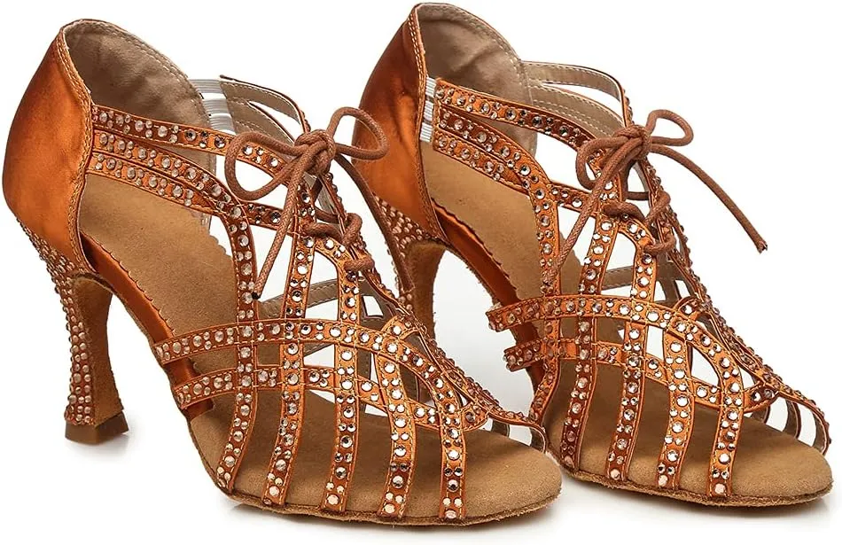 Women's Rhinestone Latin Ballroom Ankle Dance Shoes Lace up Salsa Tango Performance Dancing Boots,Model-L460