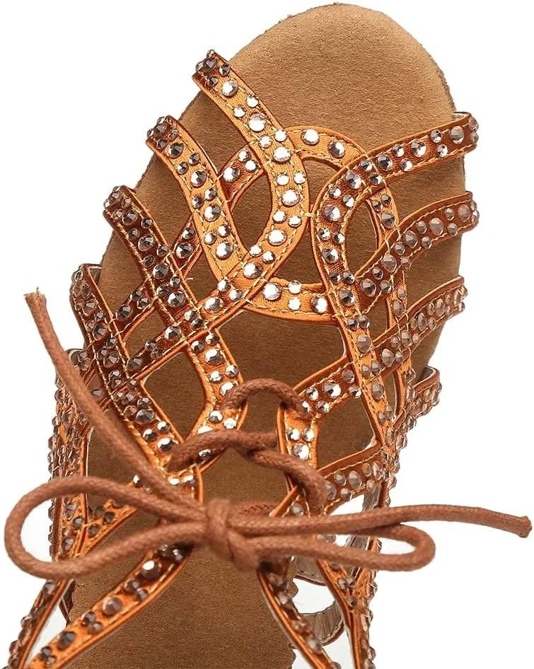 Women's Rhinestone Latin Ballroom Ankle Dance Shoes Lace up Salsa Tango Performance Dancing Boots,Model-L460