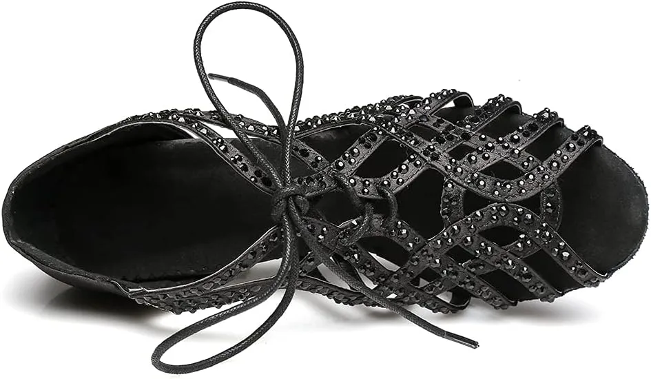 Women's Rhinestone Latin Ballroom Ankle Dance Shoes Lace up Salsa Tango Performance Dancing Boots,Model-L460