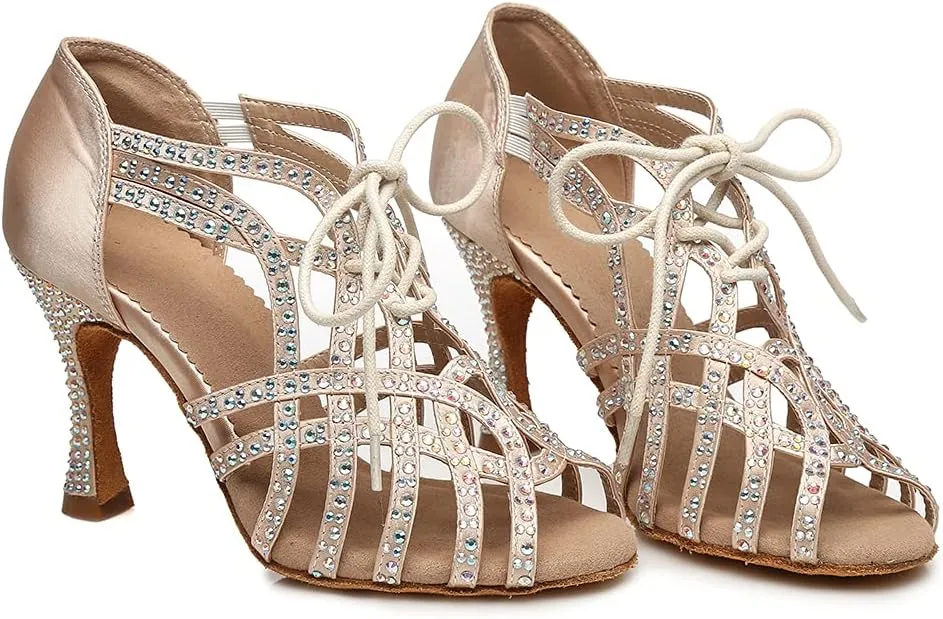 Women's Rhinestone Latin Ballroom Ankle Dance Shoes Lace up Salsa Tango Performance Dancing Boots,Model-L460
