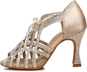 Women's Rhinestone Latin Ballroom Ankle Dance Shoes Lace up Salsa Tango Performance Dancing Boots,Model-L460
