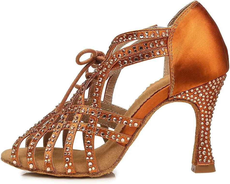 Women's Rhinestone Latin Ballroom Ankle Dance Shoes Lace up Salsa Tango Performance Dancing Boots,Model-L460