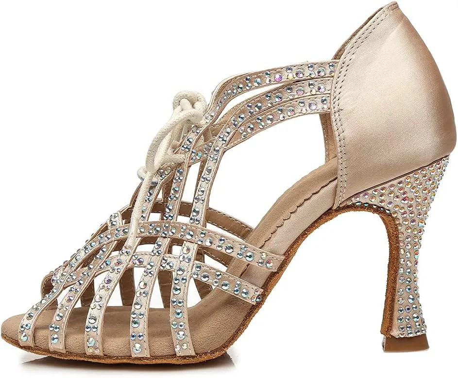 Women's Rhinestone Latin Ballroom Ankle Dance Shoes Lace up Salsa Tango Performance Dancing Boots,Model-L460