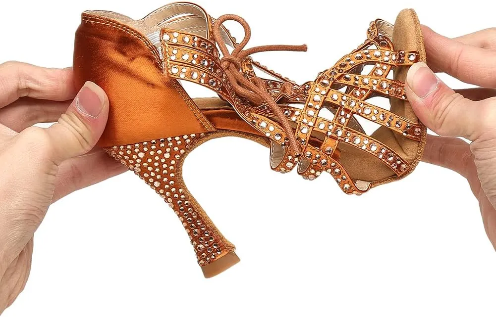 Women's Rhinestone Latin Ballroom Ankle Dance Shoes Lace up Salsa Tango Performance Dancing Boots,Model-L460