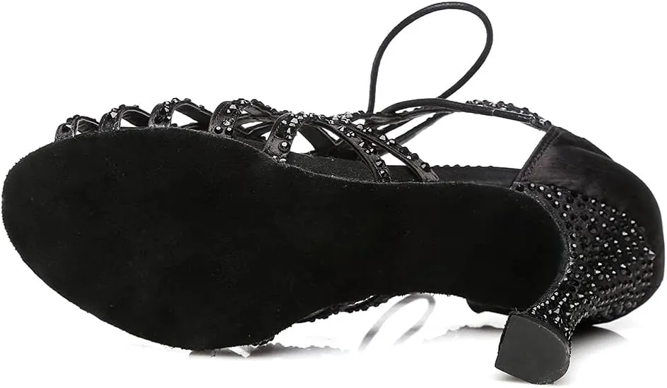 Women's Rhinestone Latin Ballroom Ankle Dance Shoes Lace up Salsa Tango Performance Dancing Boots,Model-L460