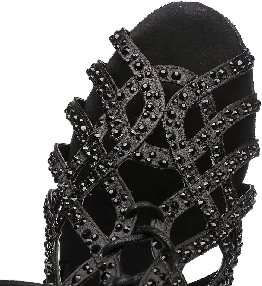 Women's Rhinestone Latin Ballroom Ankle Dance Shoes Lace up Salsa Tango Performance Dancing Boots,Model-L460