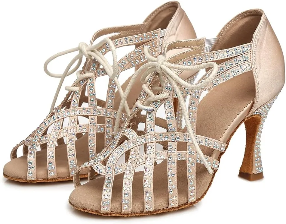 Women's Rhinestone Latin Ballroom Ankle Dance Shoes Lace up Salsa Tango Performance Dancing Boots,Model-L460