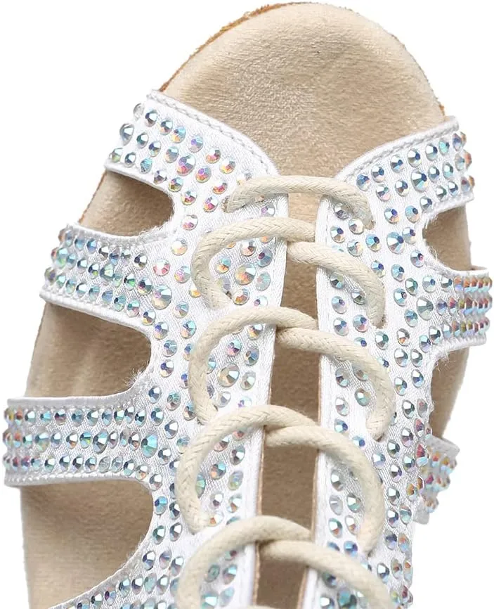 Women's Rhinestone Latin Ballroom Ankle Dance Shoes Satin Lace up Salsa Tango Performance Dancing Boots,Model-L486