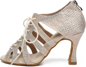 Women's Rhinestone Latin Ballroom Ankle Dance Shoes Satin Lace up Salsa Tango Performance Dancing Boots,Model-L486