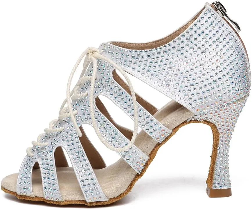 Women's Rhinestone Latin Ballroom Ankle Dance Shoes Satin Lace up Salsa Tango Performance Dancing Boots,Model-L486