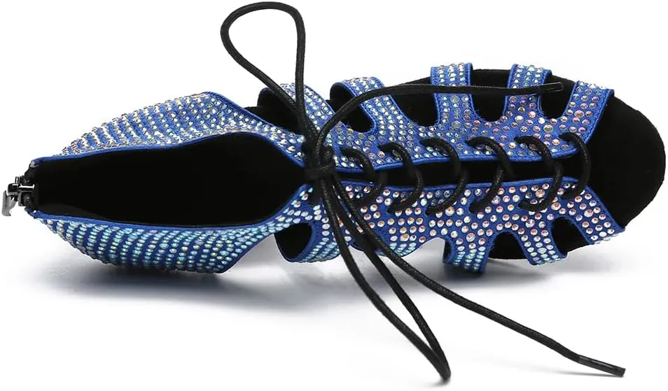 Women's Rhinestone Latin Ballroom Ankle Dance Shoes Satin Lace up Salsa Tango Performance Dancing Boots,Model-L486