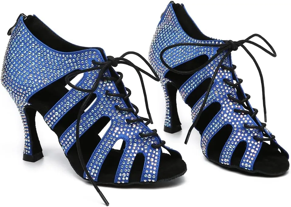 Women's Rhinestone Latin Ballroom Ankle Dance Shoes Satin Lace up Salsa Tango Performance Dancing Boots,Model-L486