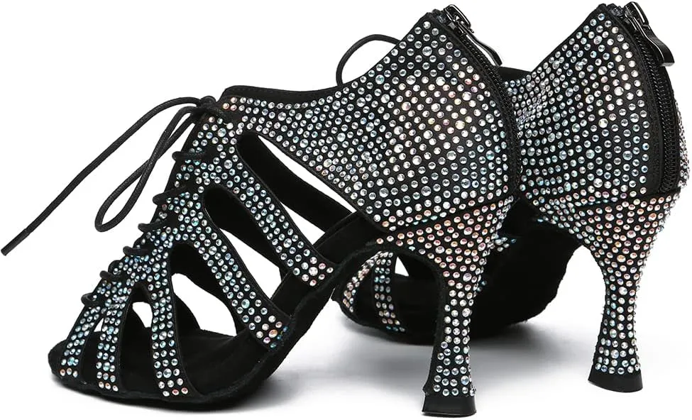 Women's Rhinestone Latin Ballroom Ankle Dance Shoes Satin Lace up Salsa Tango Performance Dancing Boots,Model-L486