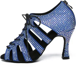 Women's Rhinestone Latin Ballroom Ankle Dance Shoes Satin Lace up Salsa Tango Performance Dancing Boots,Model-L486