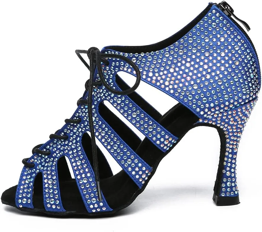 Women's Rhinestone Latin Ballroom Ankle Dance Shoes Satin Lace up Salsa Tango Performance Dancing Boots,Model-L486
