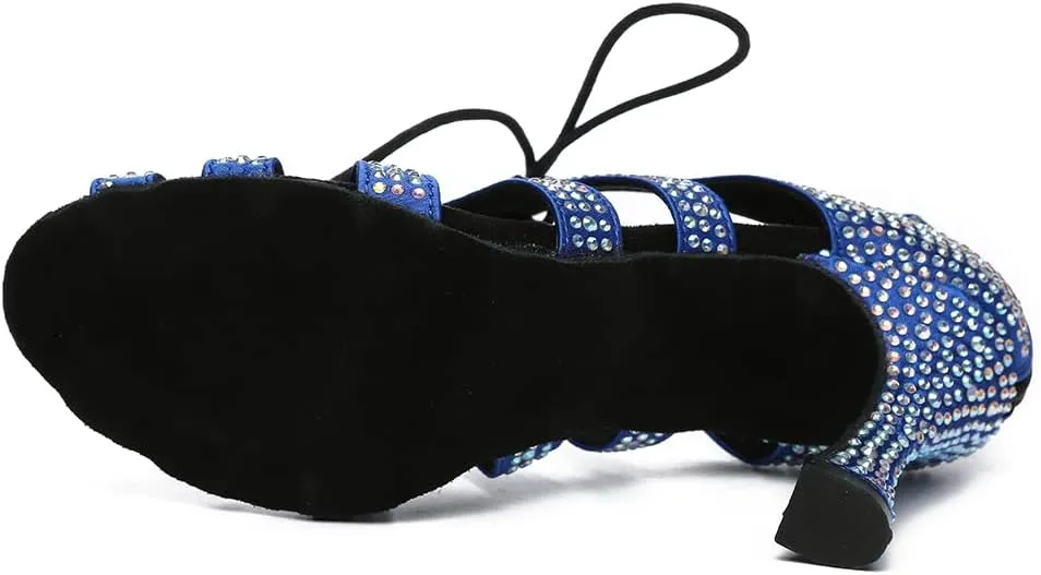 Women's Rhinestone Latin Ballroom Ankle Dance Shoes Satin Lace up Salsa Tango Performance Dancing Boots,Model-L486