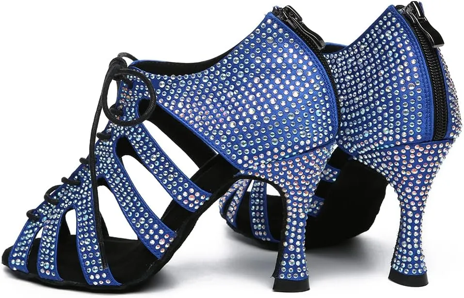 Women's Rhinestone Latin Ballroom Ankle Dance Shoes Satin Lace up Salsa Tango Performance Dancing Boots,Model-L486