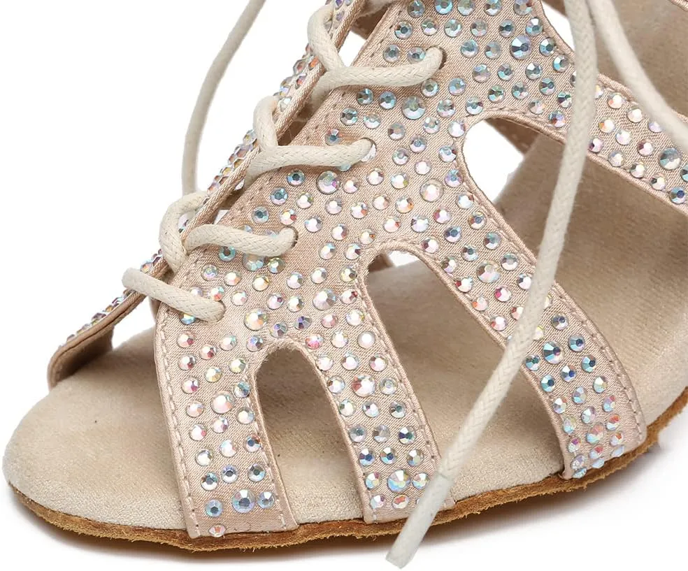 Women's Rhinestone Latin Ballroom Ankle Dance Shoes Satin Lace up Salsa Tango Performance Dancing Boots,Model-L486