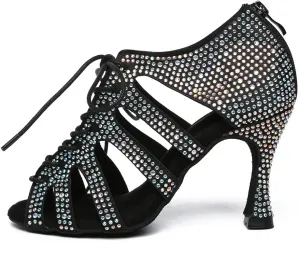 Women's Rhinestone Latin Ballroom Ankle Dance Shoes Satin Lace up Salsa Tango Performance Dancing Boots,Model-L486