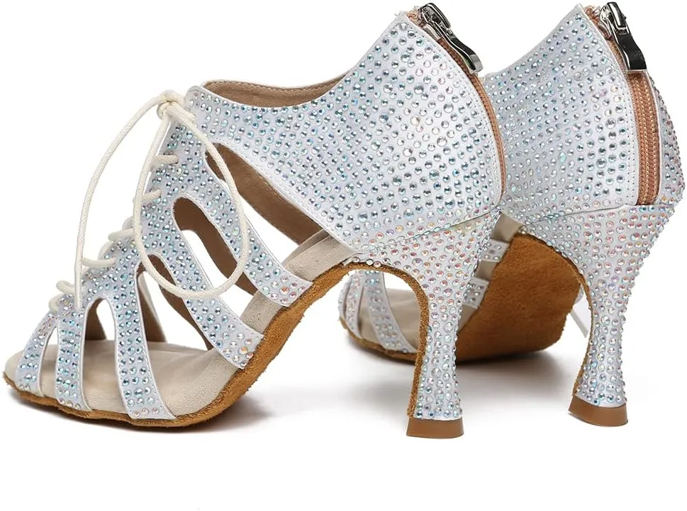 Women's Rhinestone Latin Ballroom Ankle Dance Shoes Satin Lace up Salsa Tango Performance Dancing Boots,Model-L486