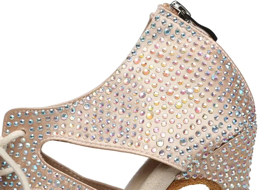 Women's Rhinestone Latin Ballroom Ankle Dance Shoes Satin Lace up Salsa Tango Performance Dancing Boots,Model-L486