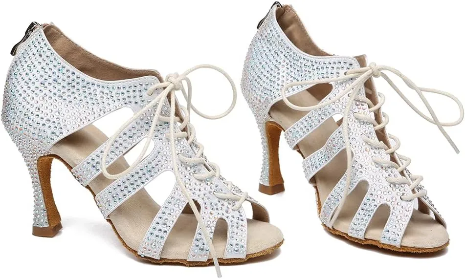 Women's Rhinestone Latin Ballroom Ankle Dance Shoes Satin Lace up Salsa Tango Performance Dancing Boots,Model-L486
