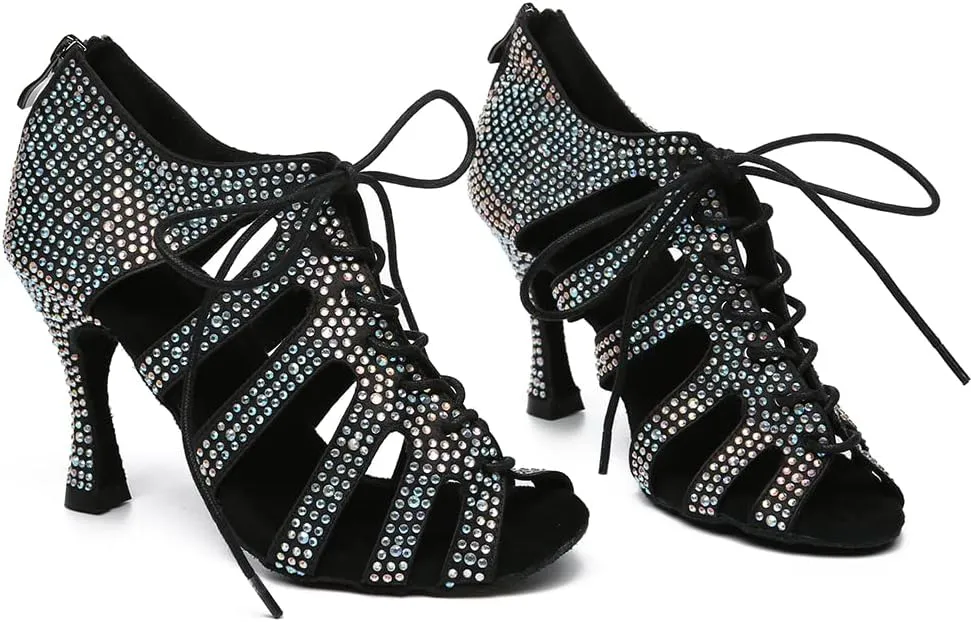 Women's Rhinestone Latin Ballroom Ankle Dance Shoes Satin Lace up Salsa Tango Performance Dancing Boots,Model-L486