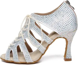 Women's Rhinestone Latin Ballroom Ankle Dance Shoes Satin Lace up Salsa Tango Performance Dancing Boots,Model-L486