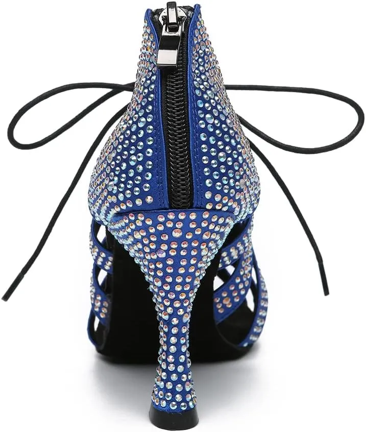 Women's Rhinestone Latin Ballroom Ankle Dance Shoes Satin Lace up Salsa Tango Performance Dancing Boots,Model-L486