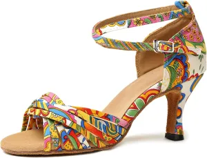 YKXLM Latin Dance Shoes for Women Ballroom Salsa Tango Professional Performance Practice Dancing Shoes,3.33" Heel,Colorful,8.5 US